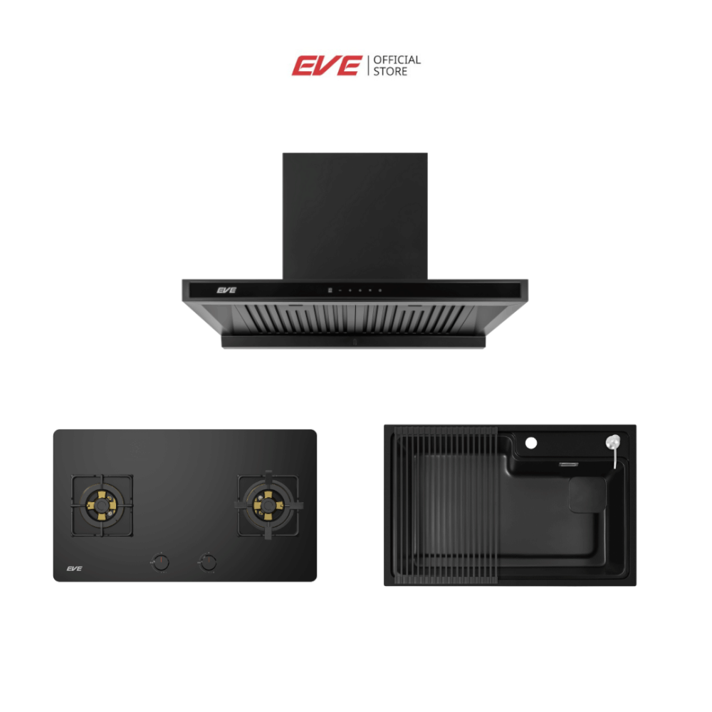 ชุดเซ็ทเครื่องดูดควันติดผนัง EVE HC-MAXIMUS-90 ขนาด 90 ซม. + เตาแก๊ส 2 หัว HB78-2BBTA/BG + อ่างล้างจานหินแกรนิต PHILIP 780/520 BLACK สีดำ